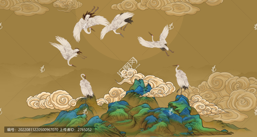 千里江山圖背景墻云紋仙鶴