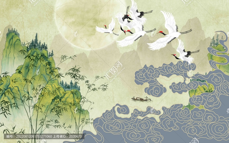 山水祥云仙鶴竹子背景墻