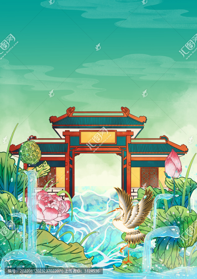 杭州地標(biāo)建筑插畫靈隱寺豎版