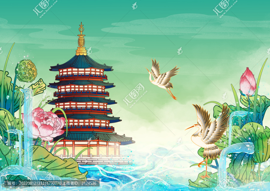 杭州地標(biāo)建筑插畫雷峰塔橫版
