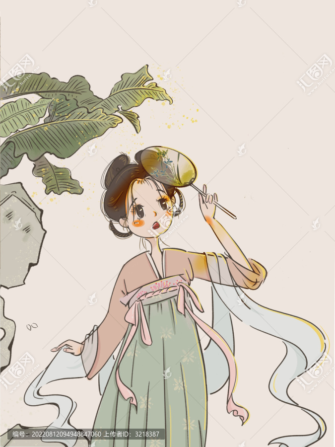 古風夏日拿團扇女孩插畫
