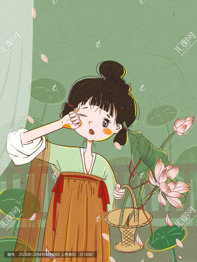 古風(fēng)夏日荷花女孩插畫(huà)