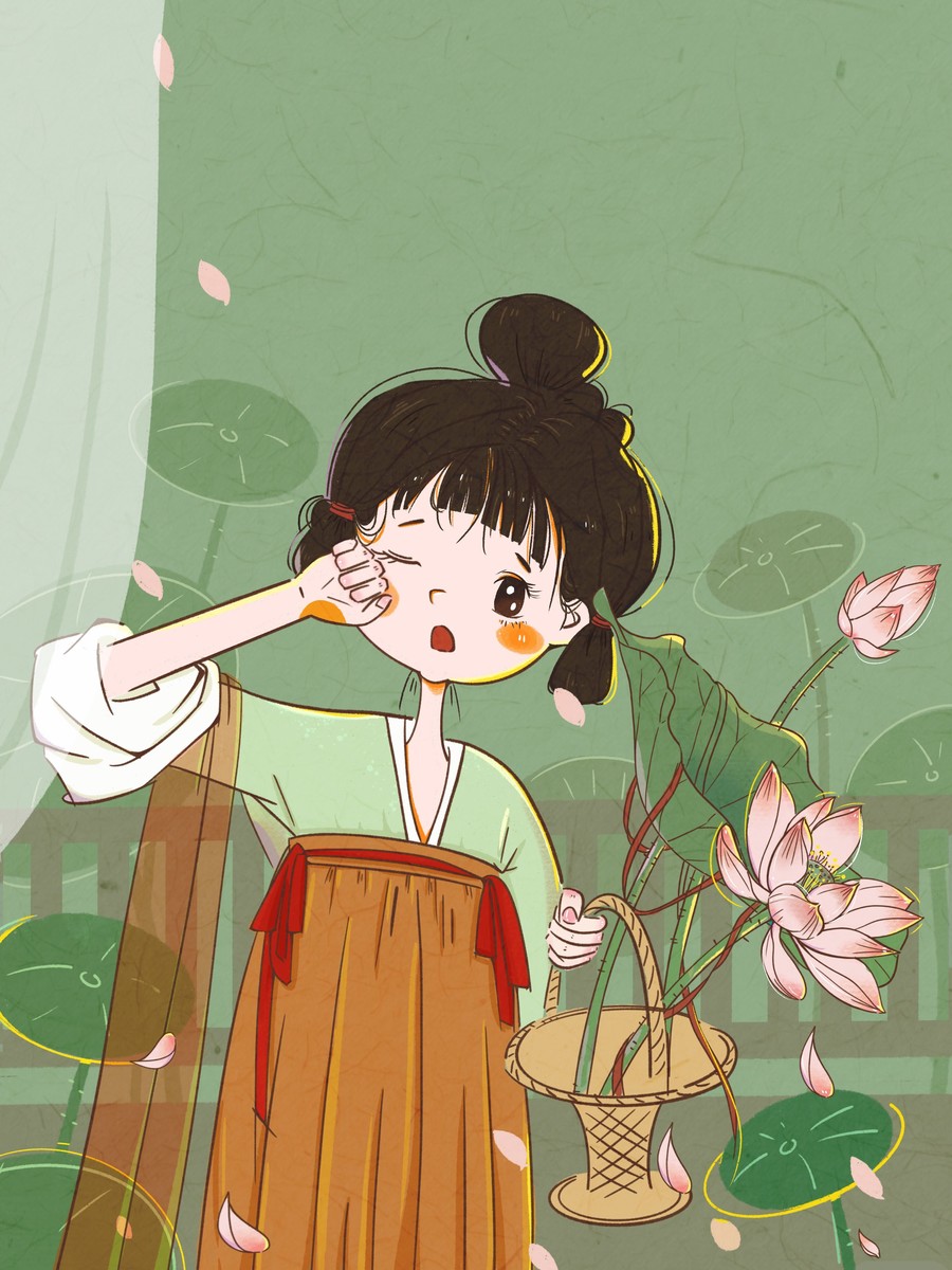 古風(fēng)夏日荷花女孩插畫(huà)