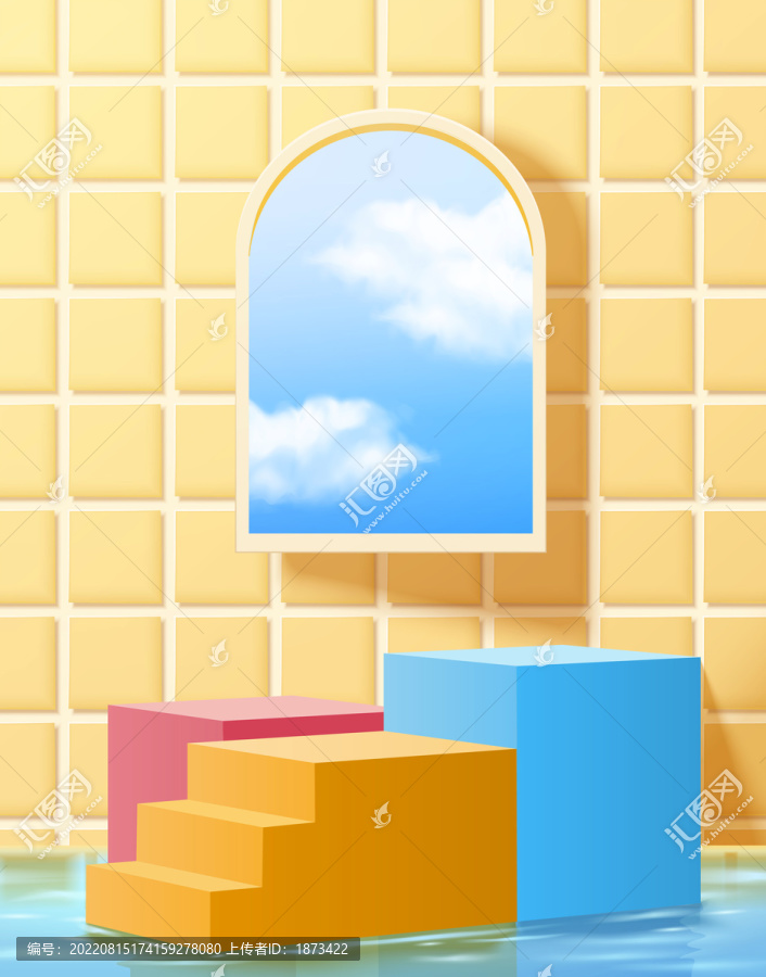 梦幻瓷砖墙漂浮窗户彩色展台背景
