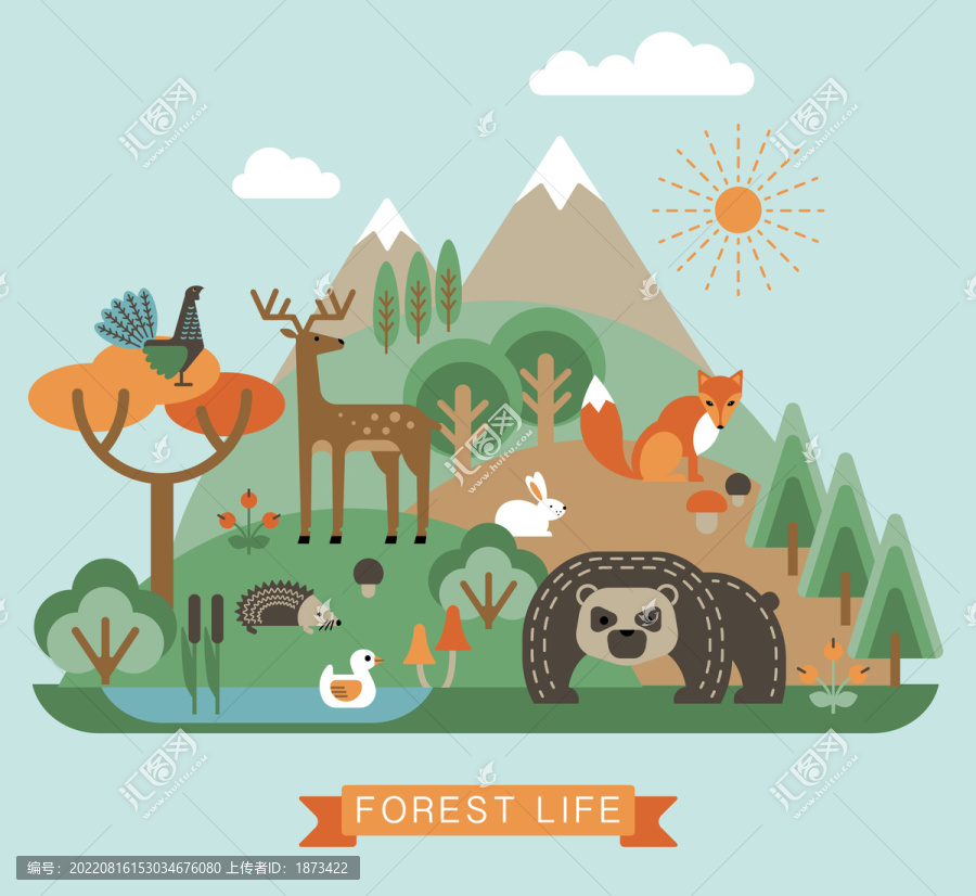 可爱扁平风森林动物概念插画