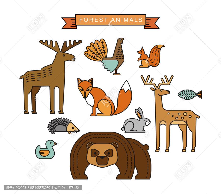 可爱线条卡通风森林动物图标元素