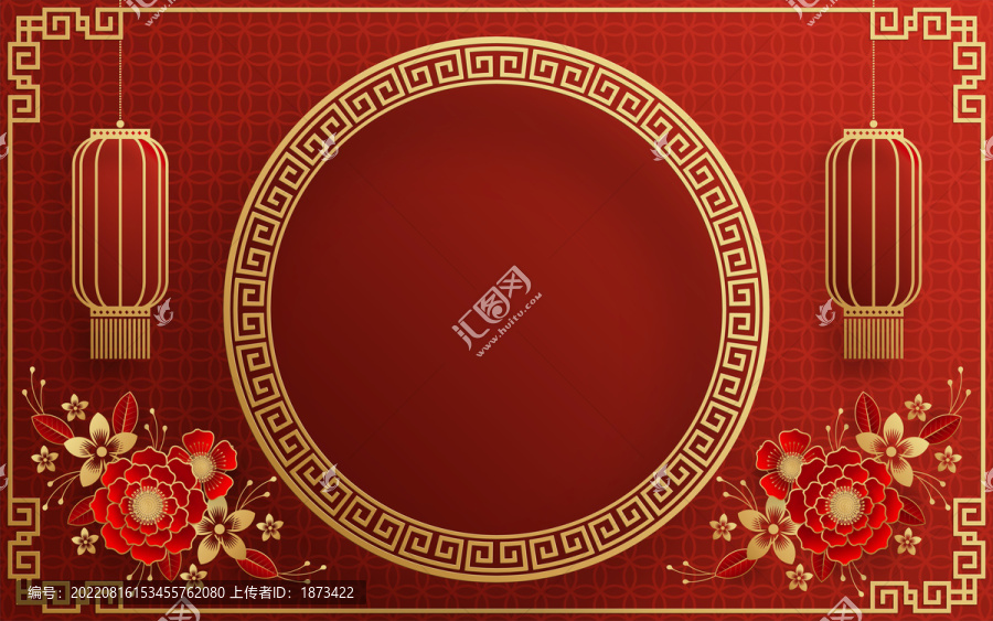 紙雕風(fēng)春節(jié)燈籠及花卉,圓形花窗廣告模板