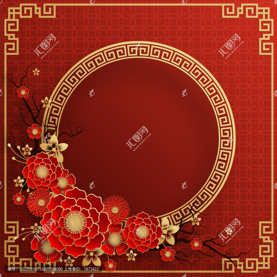 紙雕風(fēng)春節(jié)花卉,圓形花窗廣告模板