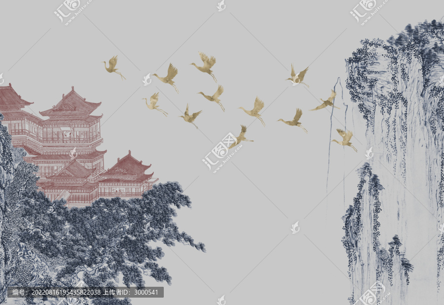 古建筑肌理感山水背景