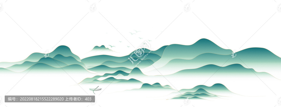 矢量中式意境綠色山水裝飾畫