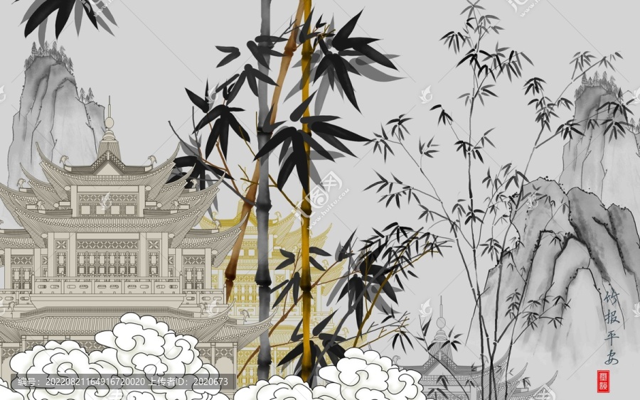 水墨竹子閣樓