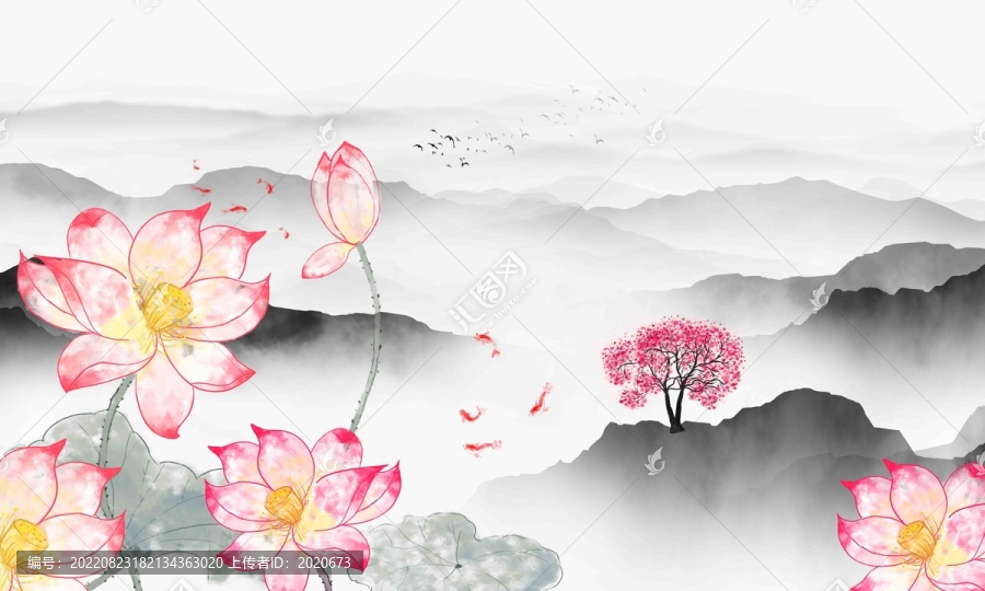 中式荷花山水裝飾畫