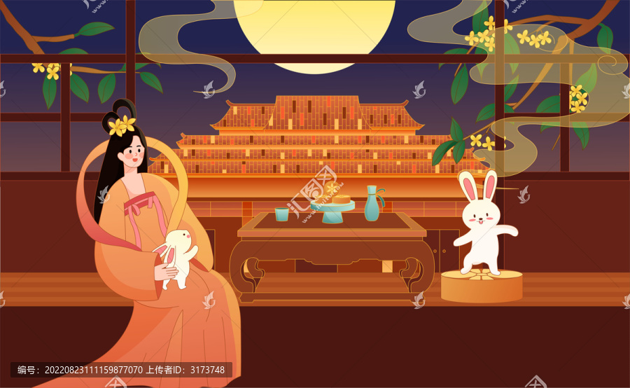 中秋节嫦娥和兔子赏月吃月饼