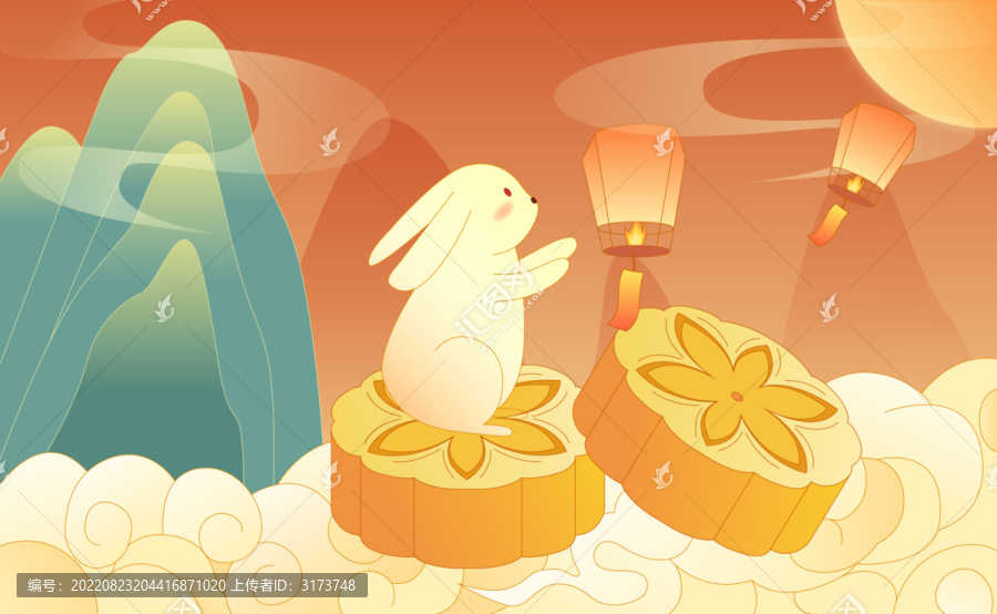 中秋节玉兔坐在月饼上放孔明灯