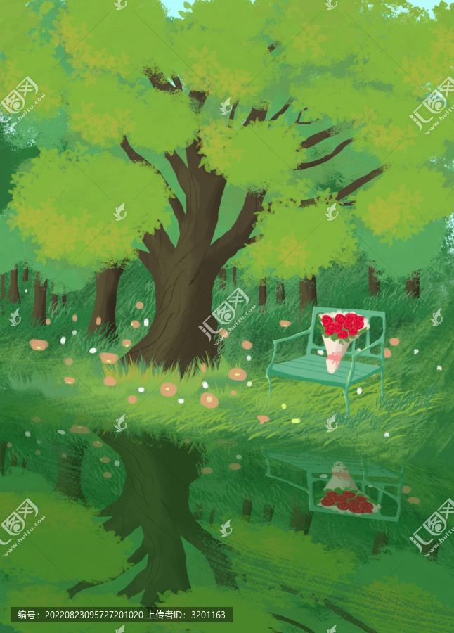 森林公園長(zhǎng)椅場(chǎng)景插畫