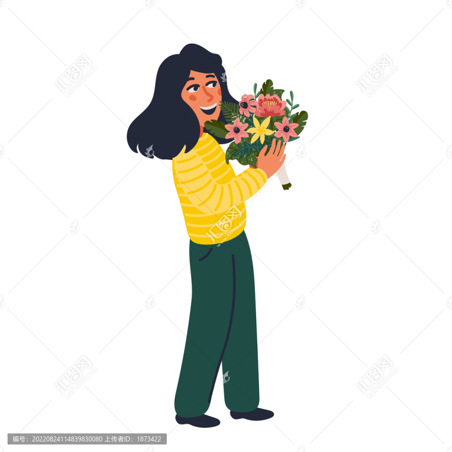 女孩捧花束插圖