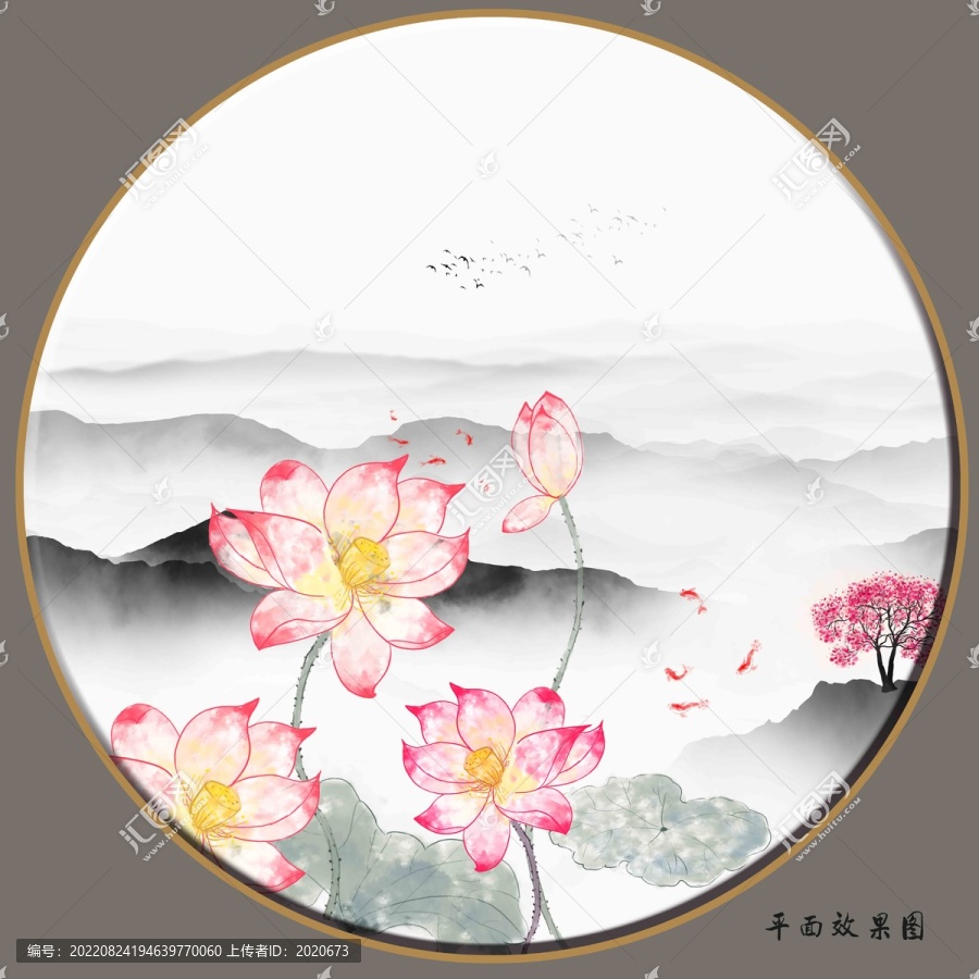 圓形水墨荷花