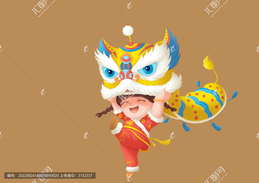 扁平插畫舞獅人物素材