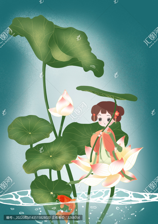 小暑大暑荷花荷葉女孩錦鯉池塘