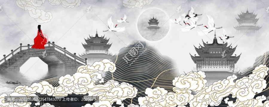 手繪閣樓水墨畫