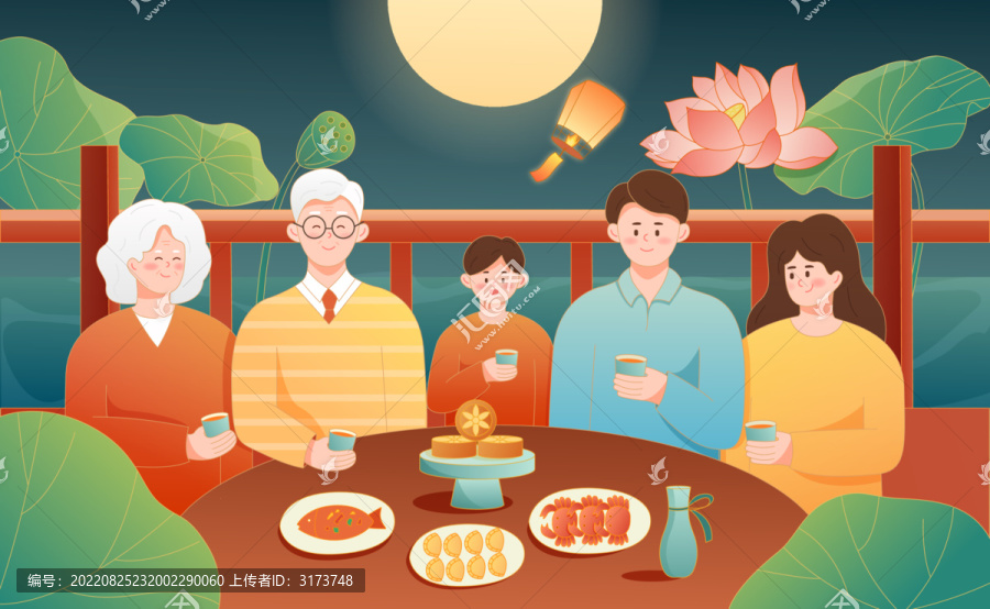 中秋節(jié)一家人吃團圓飯傳統(tǒng)插畫