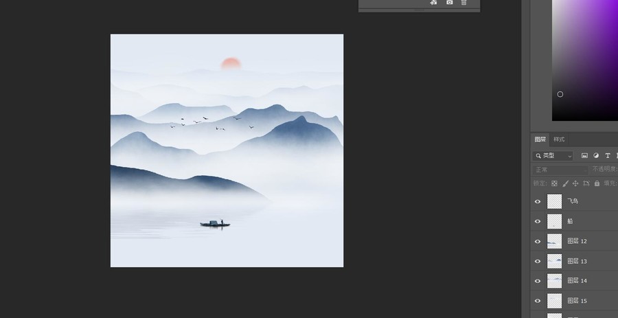 簡約意境圓形山水畫