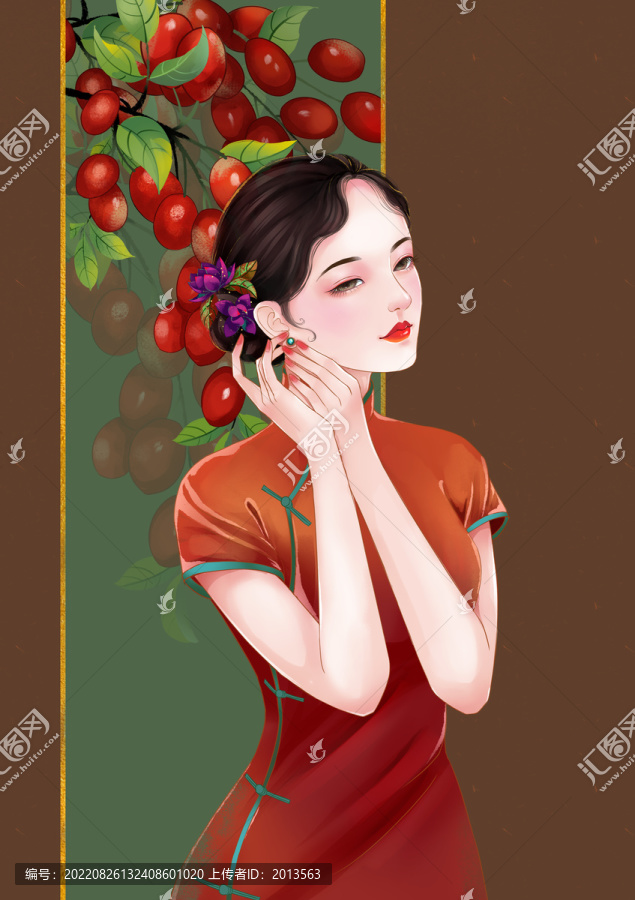 红枣旗袍女人插画