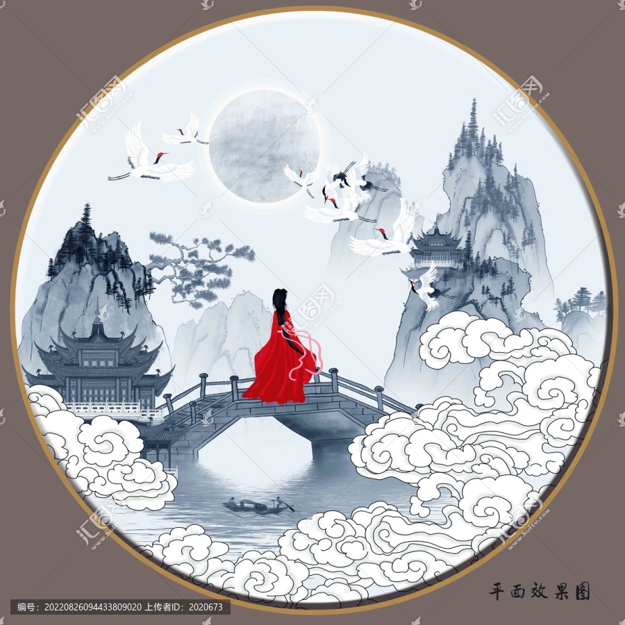 古風(fēng)閣樓祥云山水畫(huà)