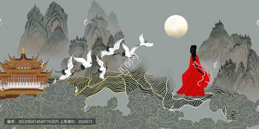 古風(fēng)祥云樓閣瑞鶴圖
