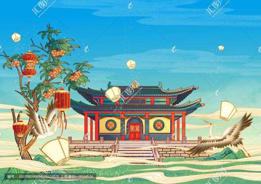 太原地標(biāo)古建筑晉祠國風(fēng)背景