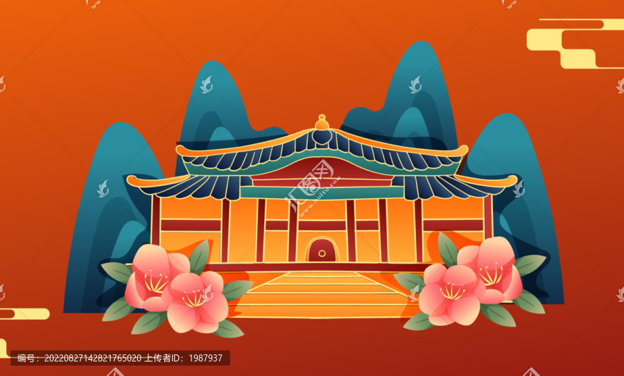 矢量手繪國(guó)潮風(fēng)建筑山茶花葉子