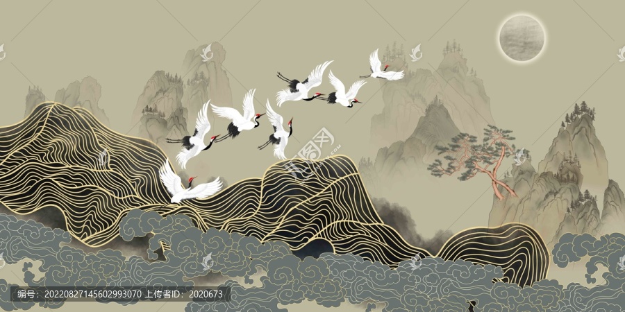 古風山水祥云線條壁畫