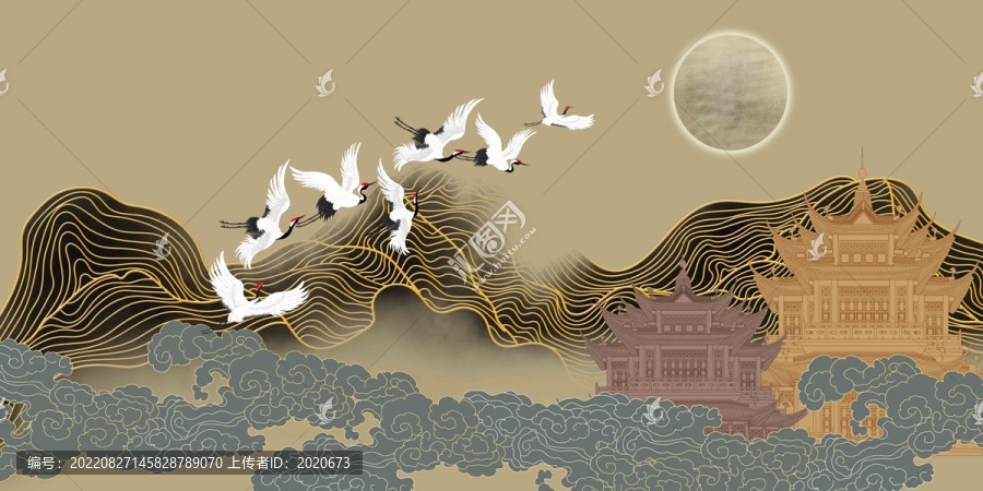線條祥云樓閣瑞鶴圖