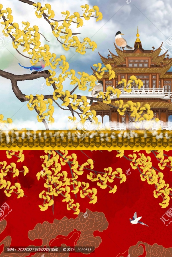 手繪故宮銀杏插畫
