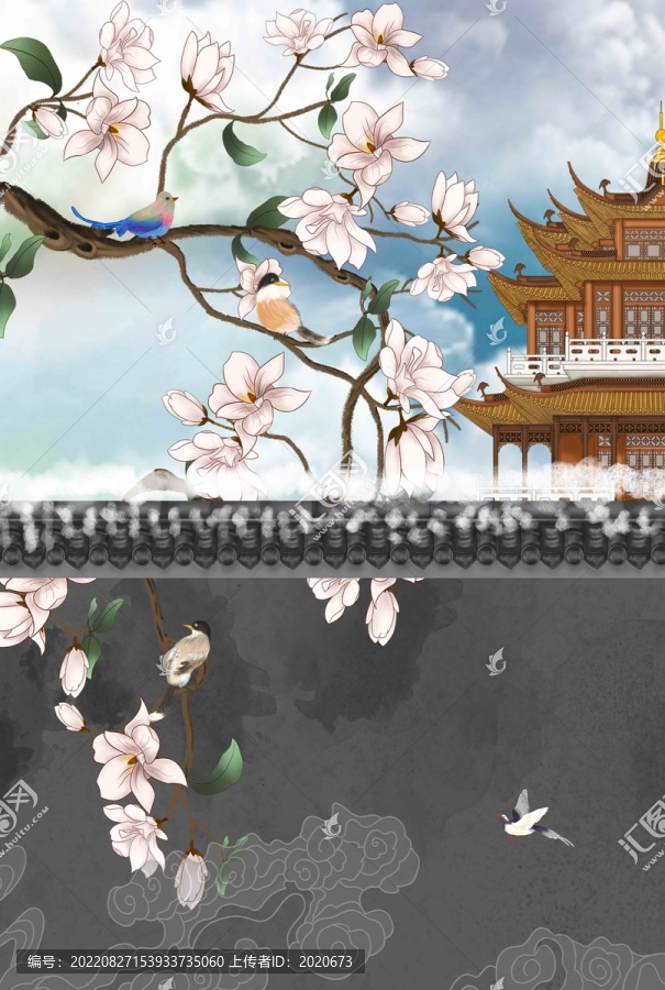 手繪故宮玉蘭花插畫