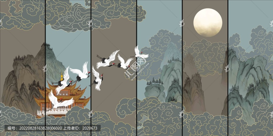 現(xiàn)代祥云仙鶴山水