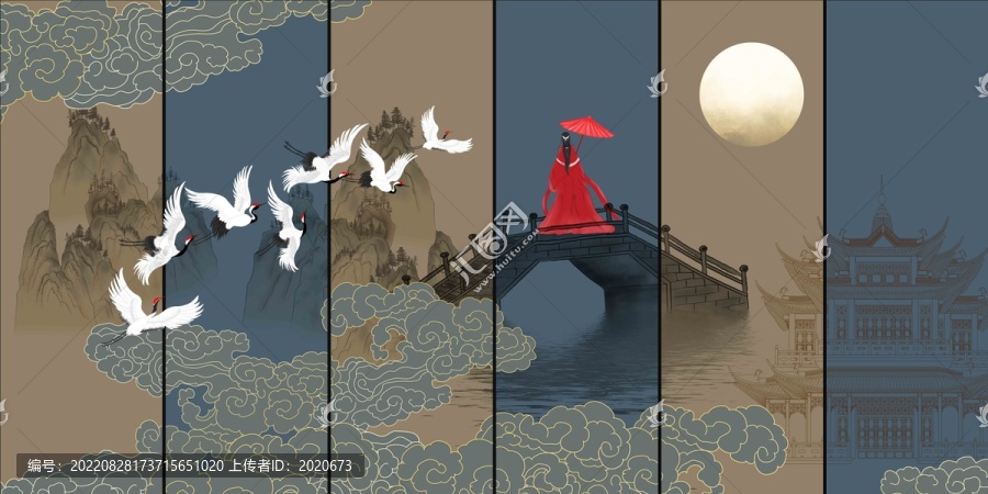 古風抽象祥云山水壁畫