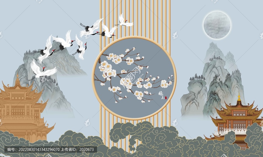 新中式柵格花鳥圖