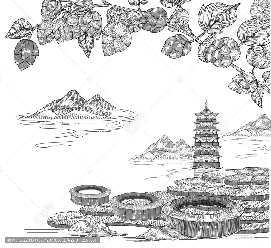 黑白版畫(huà)漳州土樓啤酒花