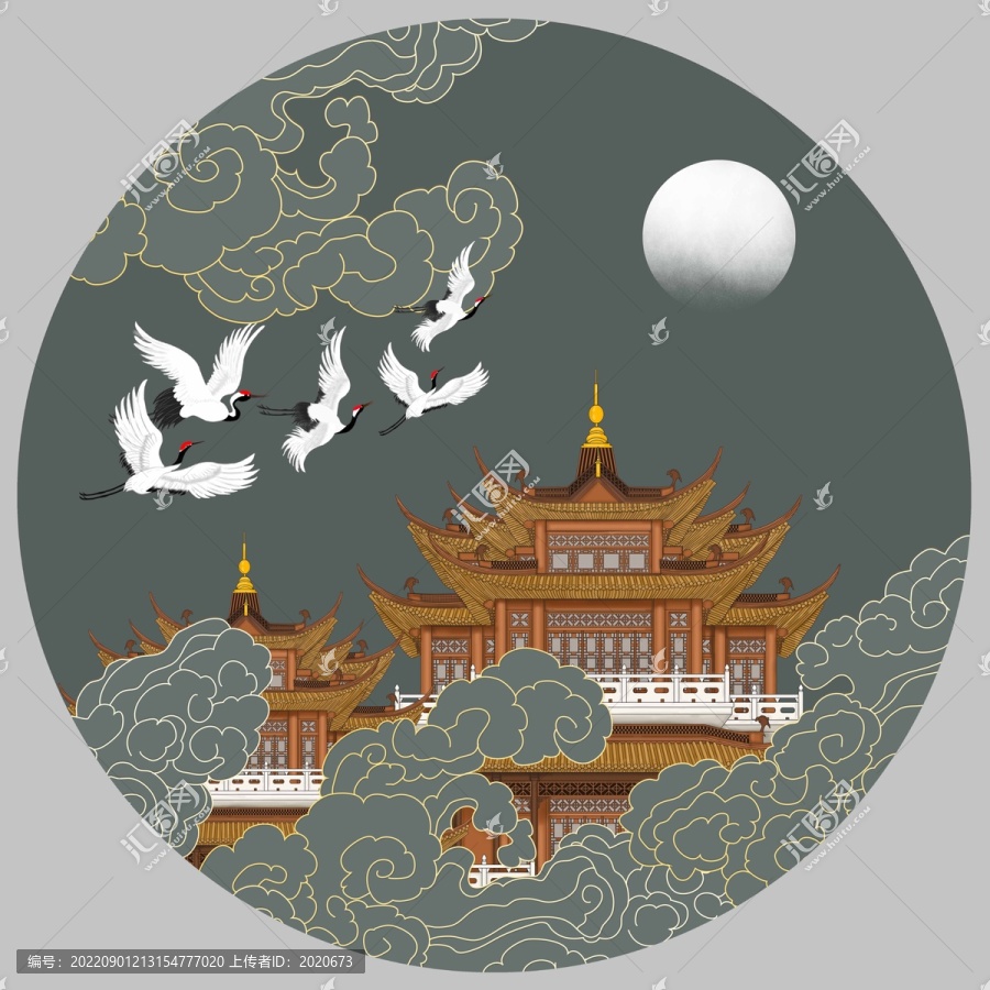 祥云樓閣瑞鶴圖