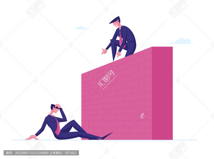 幫助高墻下男性同事跨越障礙平面插圖