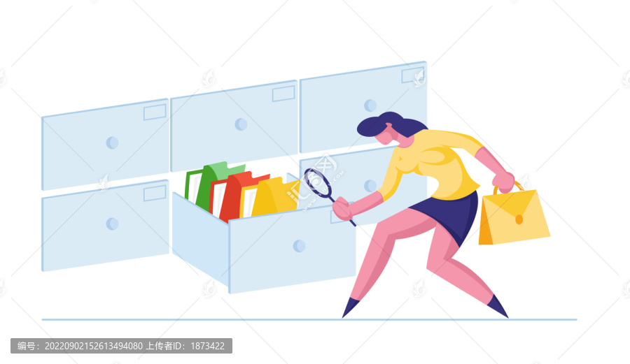 女性在辦公室用放大鏡尋找需要文檔插圖