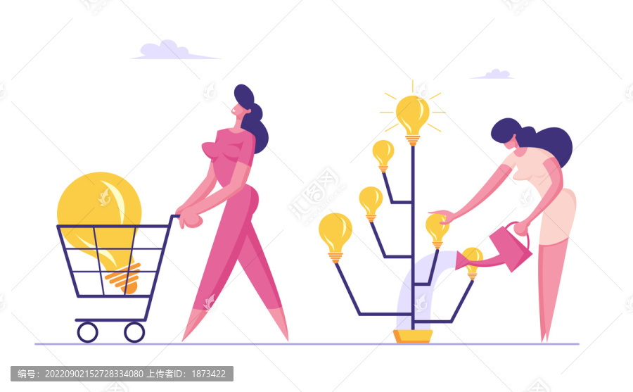 女人替灯泡树灌溉,用购物车采收平面插图