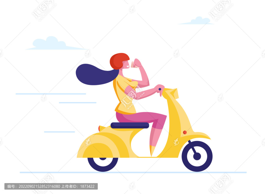 女人迎風(fēng)騎乘摩托車前進(jìn)平面插圖