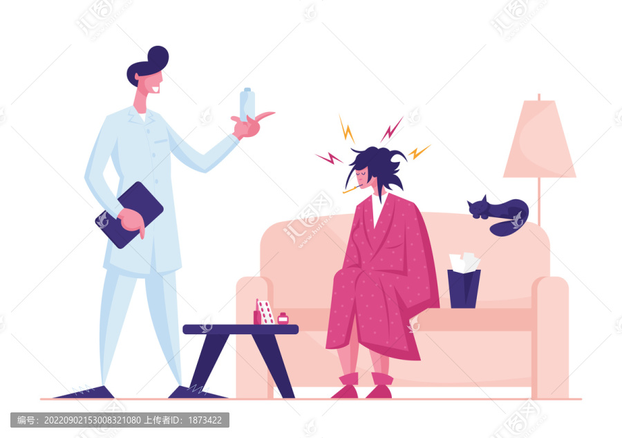 醫(yī)生替發(fā)燒病患診療并開藥平面插圖