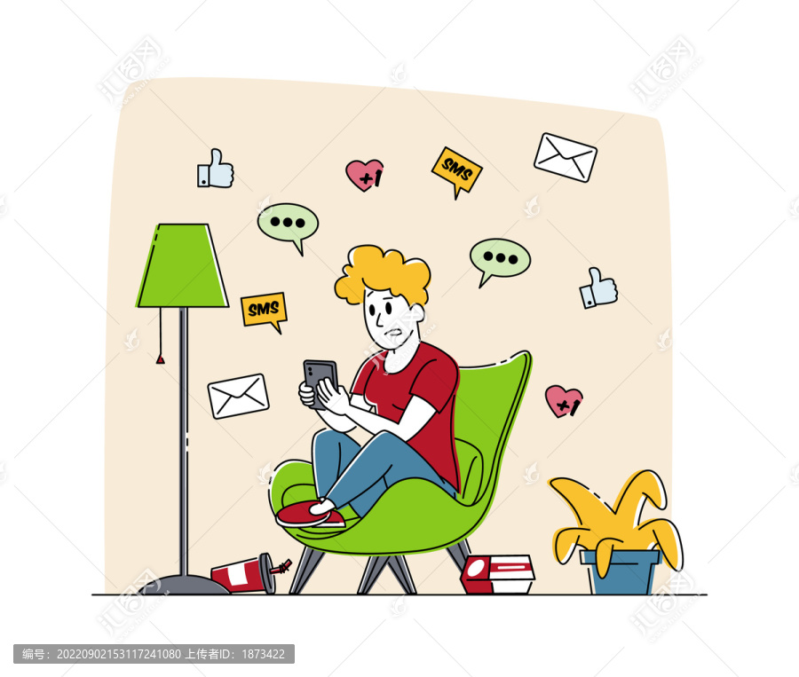 女人在沙发上被互联网上讯息绑架插图