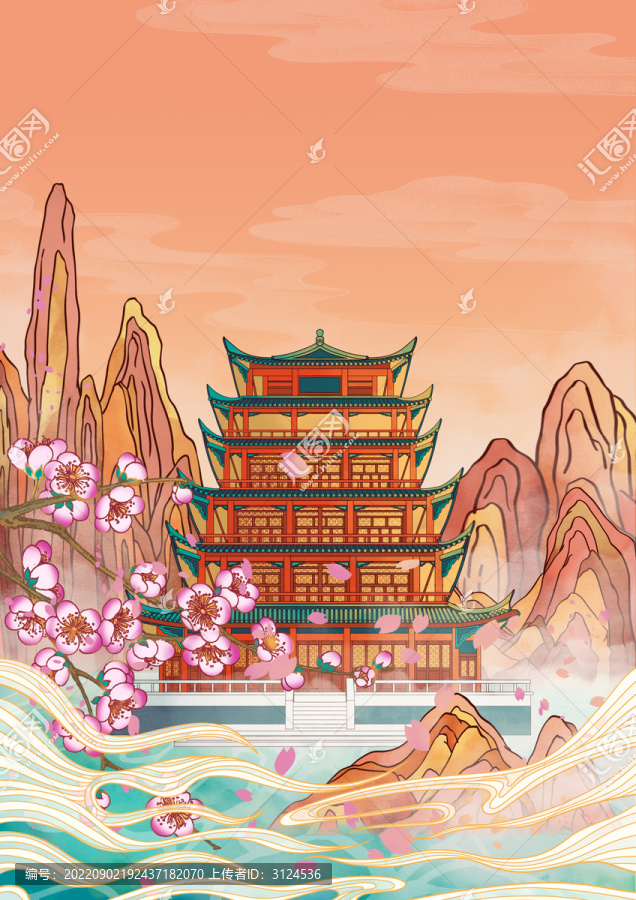 合肥地標(biāo)古建筑插畫(huà)望月閣豎版