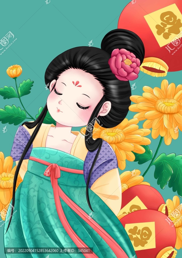 插畫古代美人燈籠
