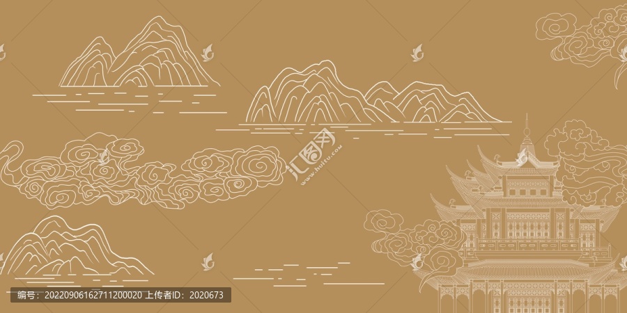 山水樓閣祥云線描