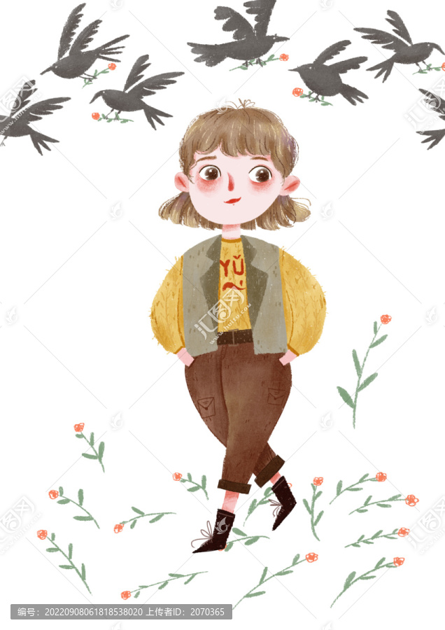 插畫可愛時(shí)尚人物女孩小鳥銜花